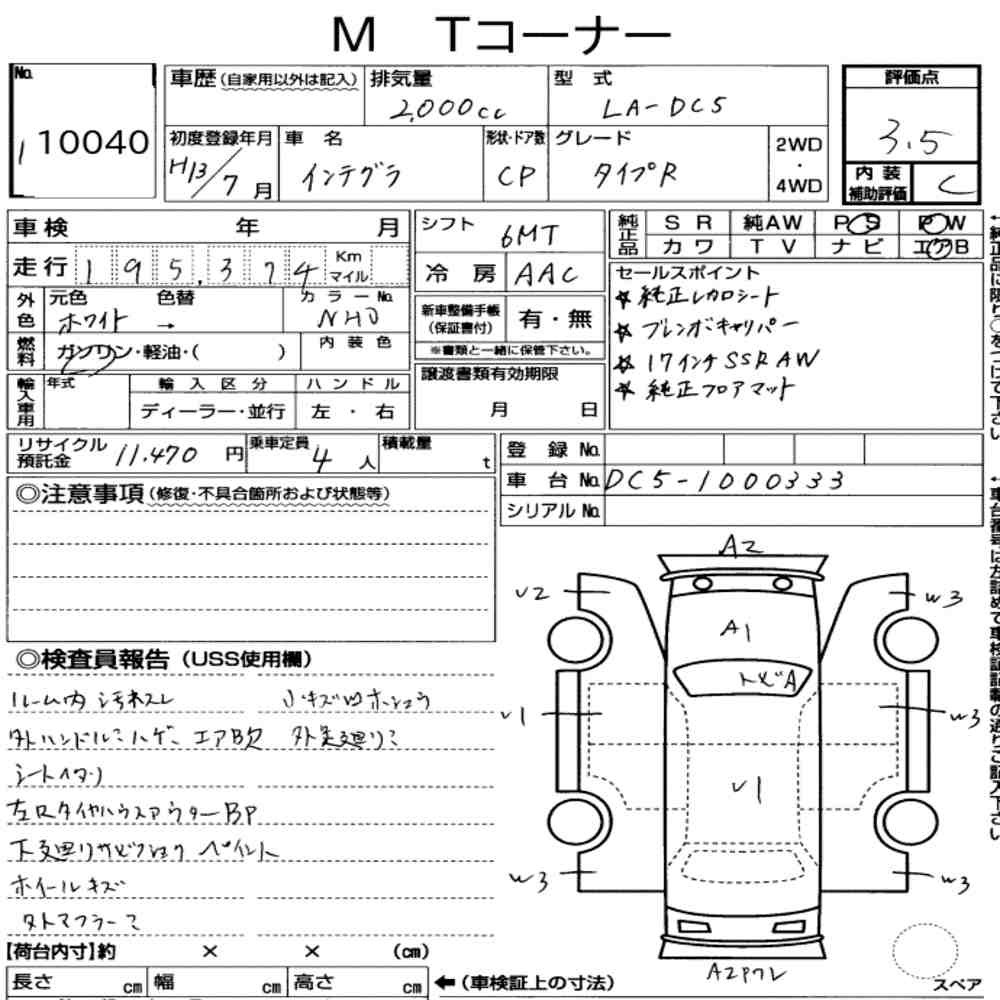 Arkusz aukcyjny — 2001 Honda Integra CP Type R