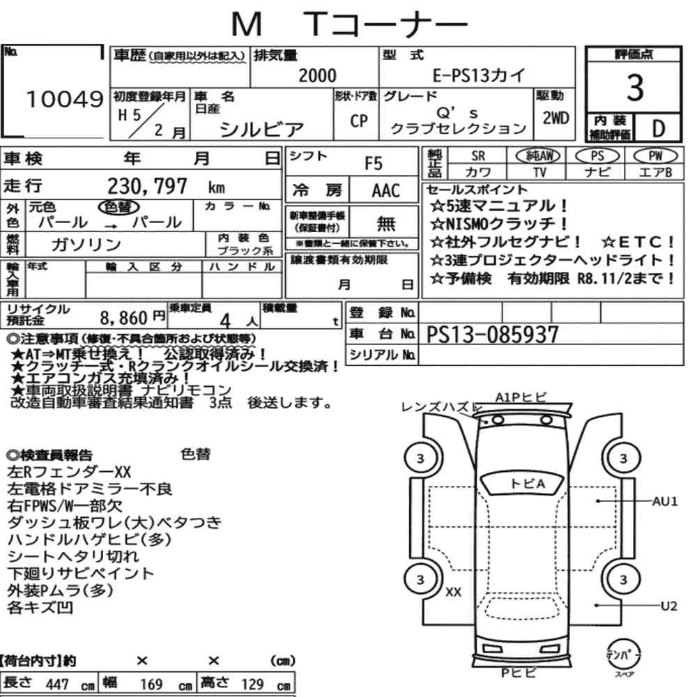 Arkusz aukcyjny — 1993 Nissan Silvia CP QS Club Selection