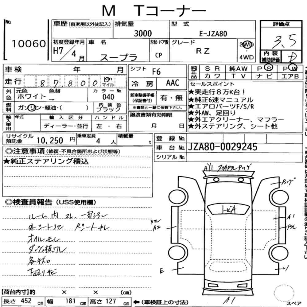 Arkusz aukcyjny — 1995 Toyota Supra RZ