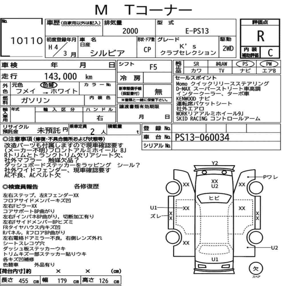 Arkusz aukcyjny — 1992 Nissan Silvia CP KS Club Selection