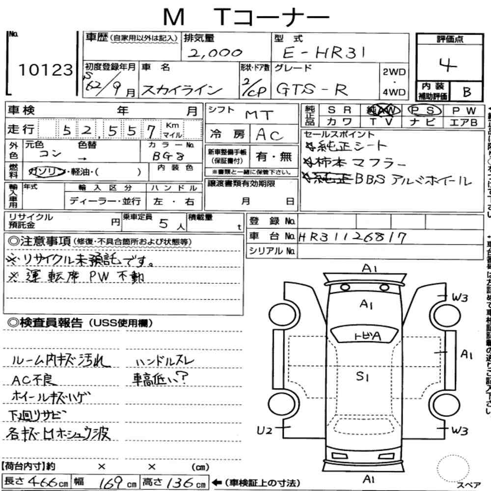 Arkusz aukcyjny — 1987 Nissan Skyline CP GTS-R