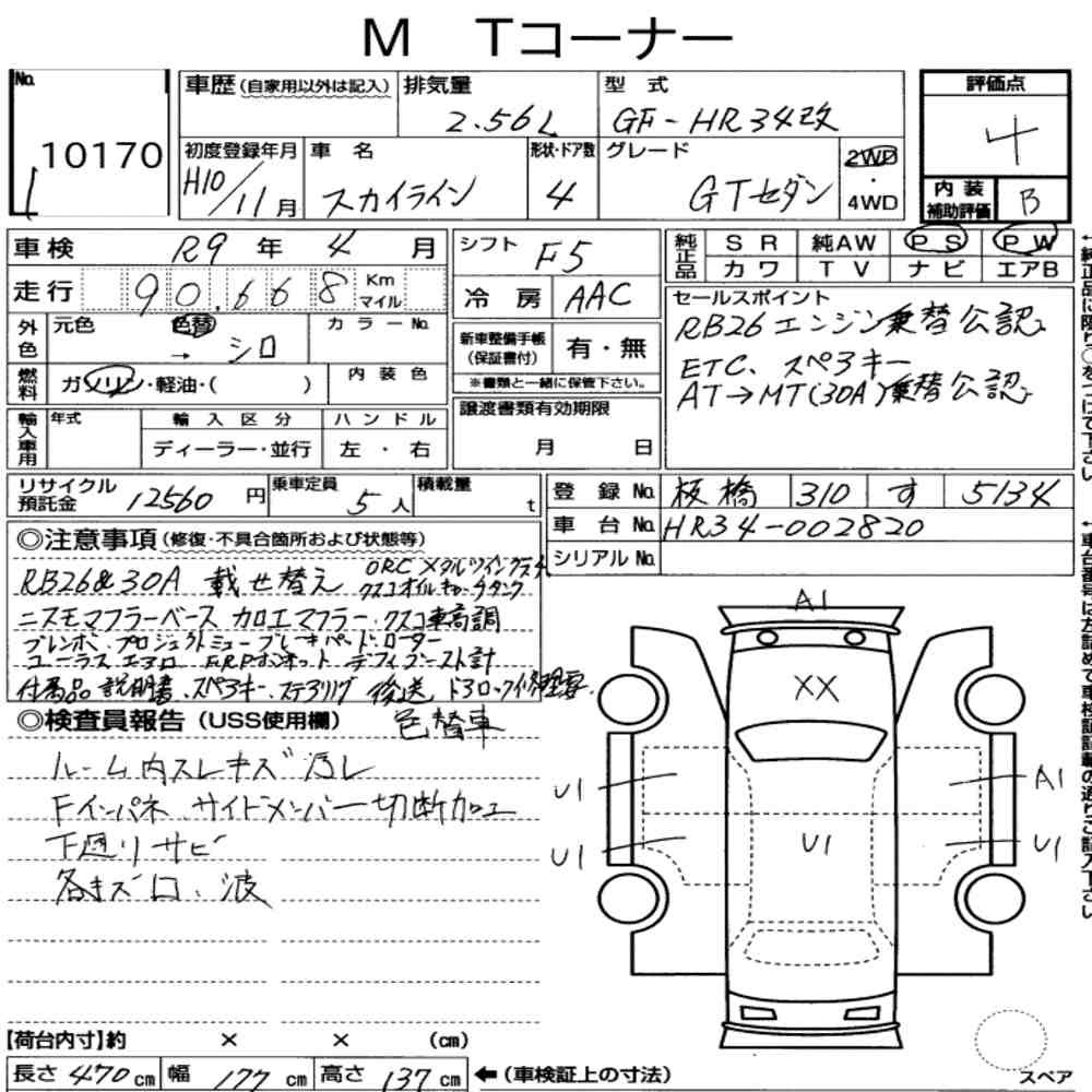Arkusz aukcyjny — 1998 Nissan Skyline 4D GT