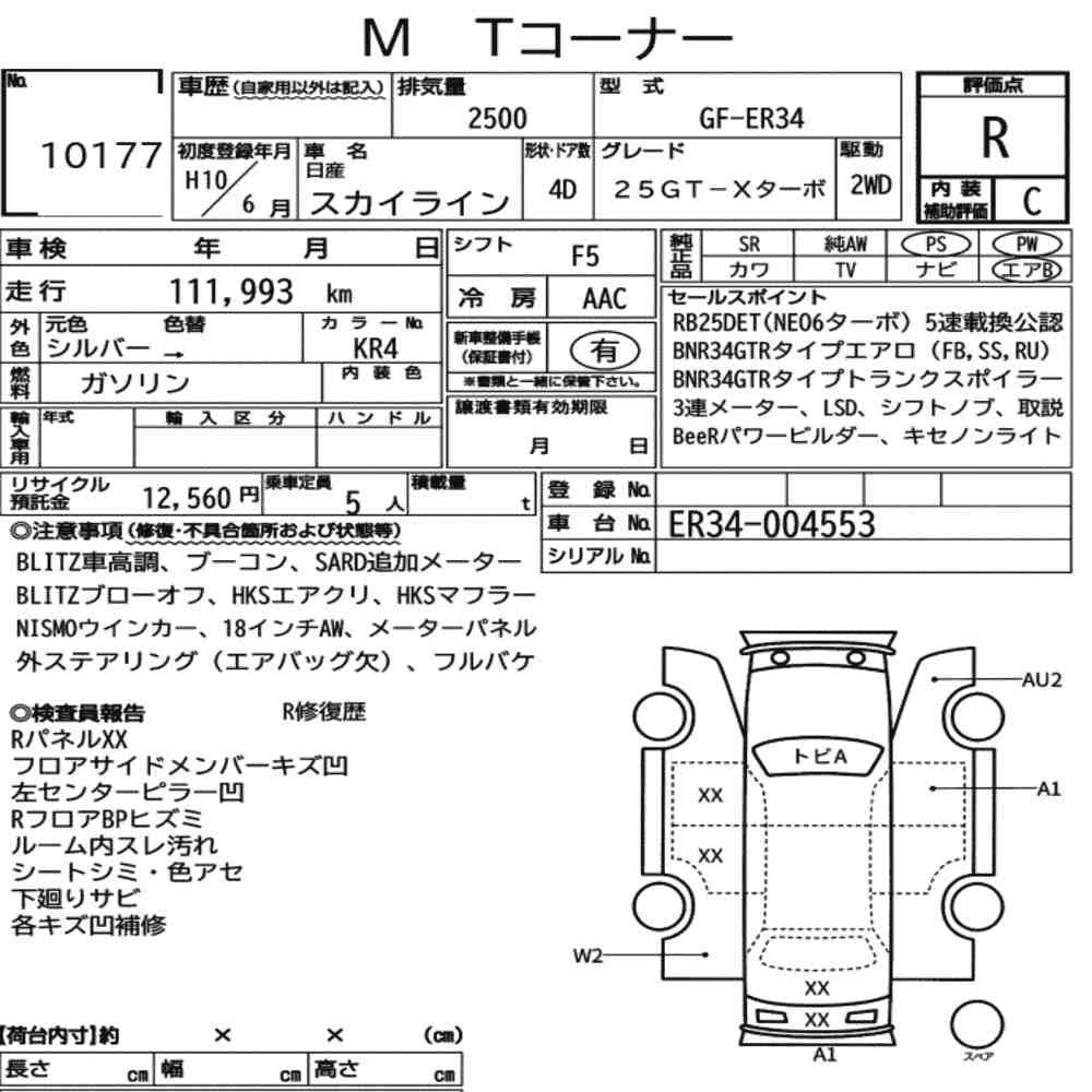 Arkusz aukcyjny — 1998 Nissan Skyline 4D 25GT-X Turbo