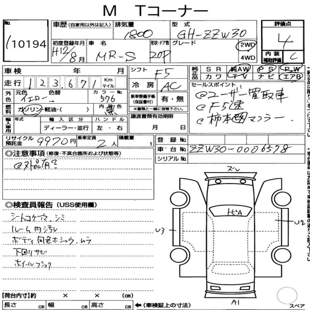 Arkusz aukcyjny — 2000 Toyota MR-S