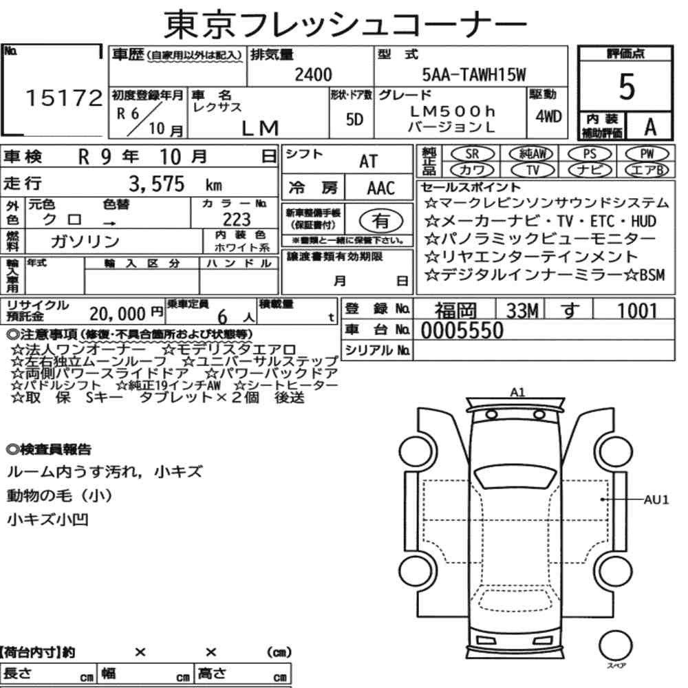 Arkusz aukcyjny — 2024 Lexus LM 4WD LM500H Version L