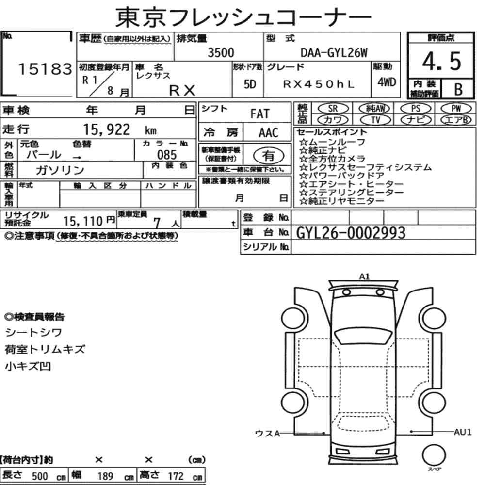 Arkusz aukcyjny — 2019 Lexus RX 4WD RX450HL