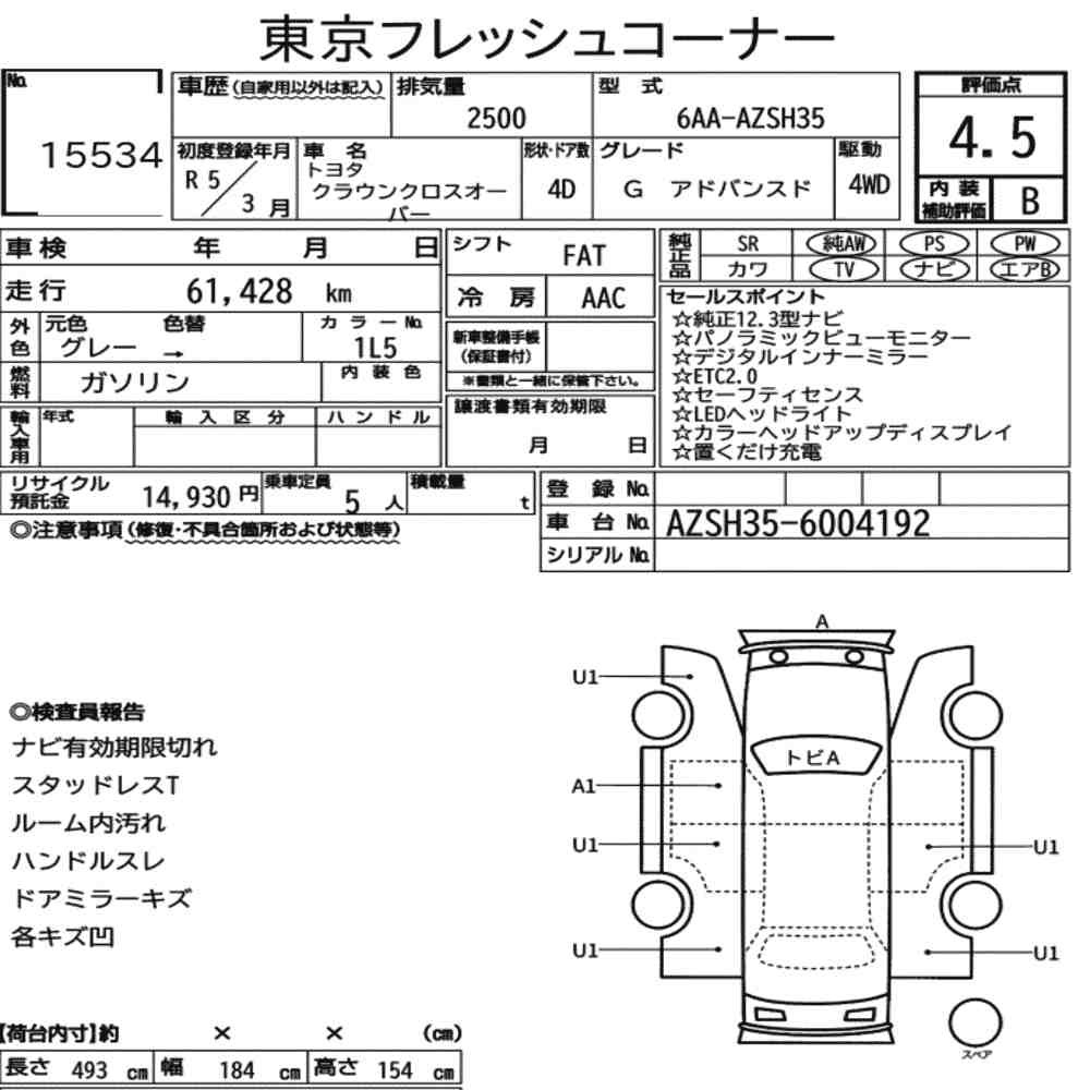Arkusz aukcyjny — 2023 Toyota Crown Crossover 4WD G Advanced
