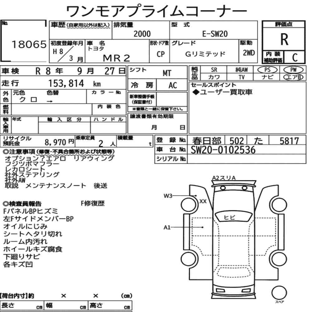 Arkusz aukcyjny — 1996 Toyota MR2 CP G Limited