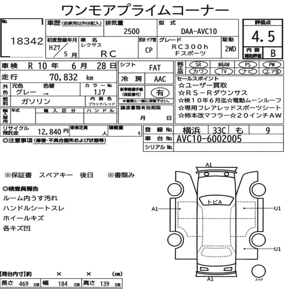 Arkusz aukcyjny — 2015 Lexus RC RC300H F Sport