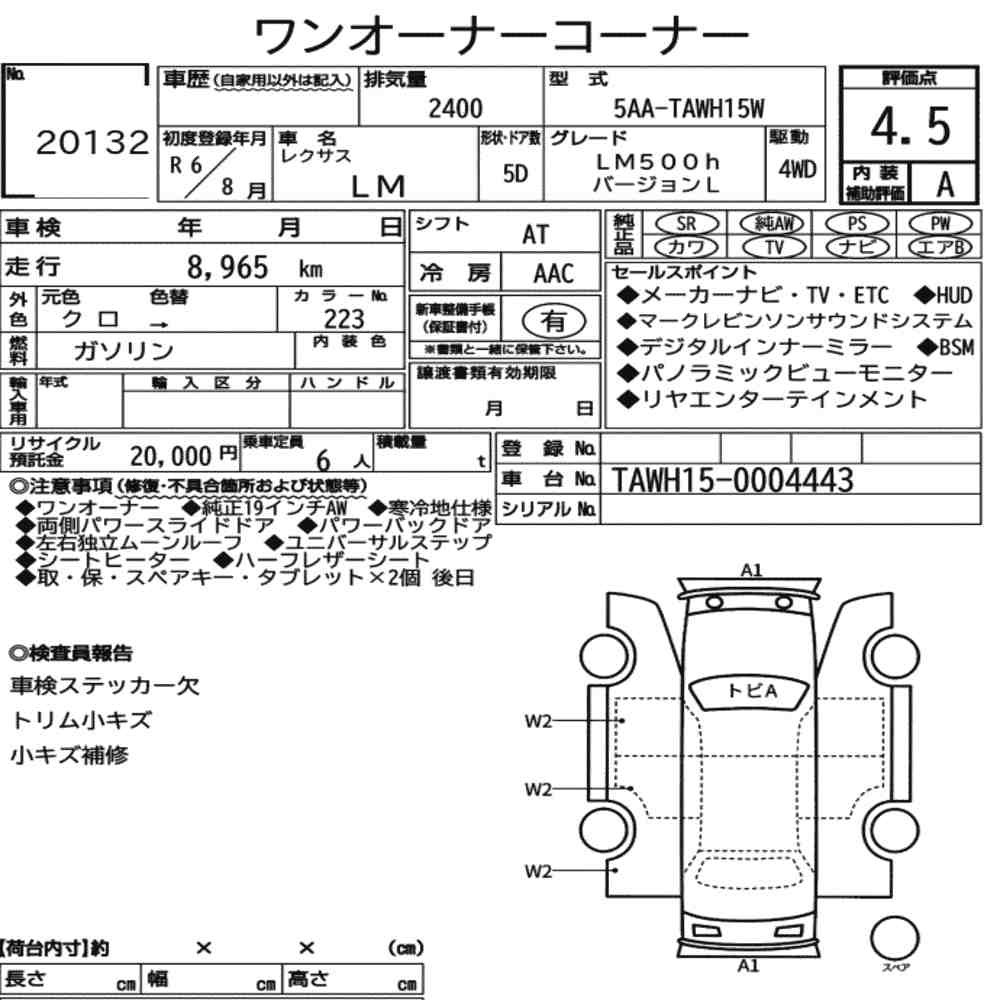 Arkusz aukcyjny — 2024 Lexus LM 4WD LM500H Version L