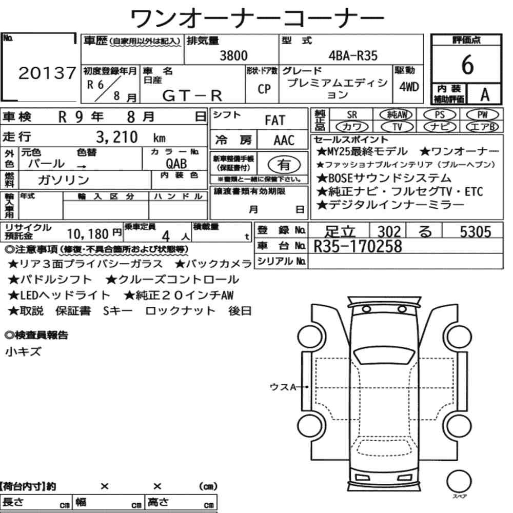 Arkusz aukcyjny — 2024 Nissan GT-R 4WD Premium Edition