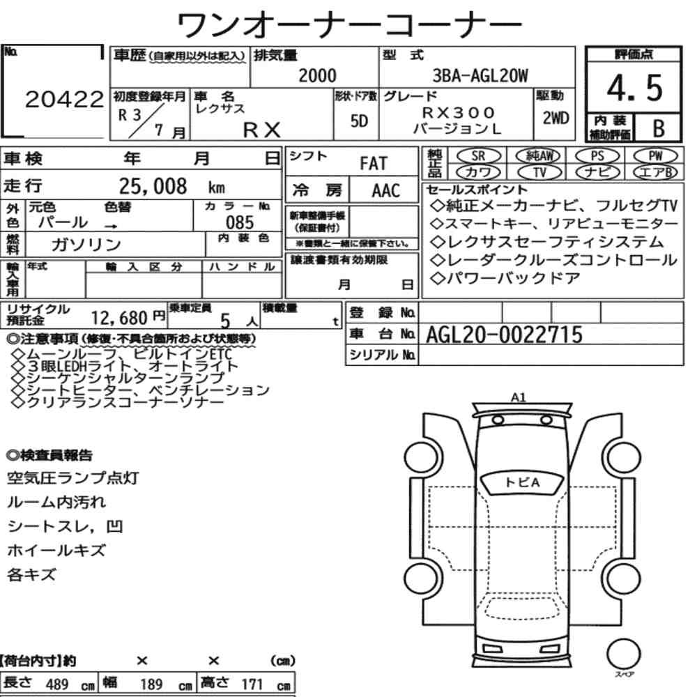 Arkusz aukcyjny — 2021 Lexus RX RX300 Version L