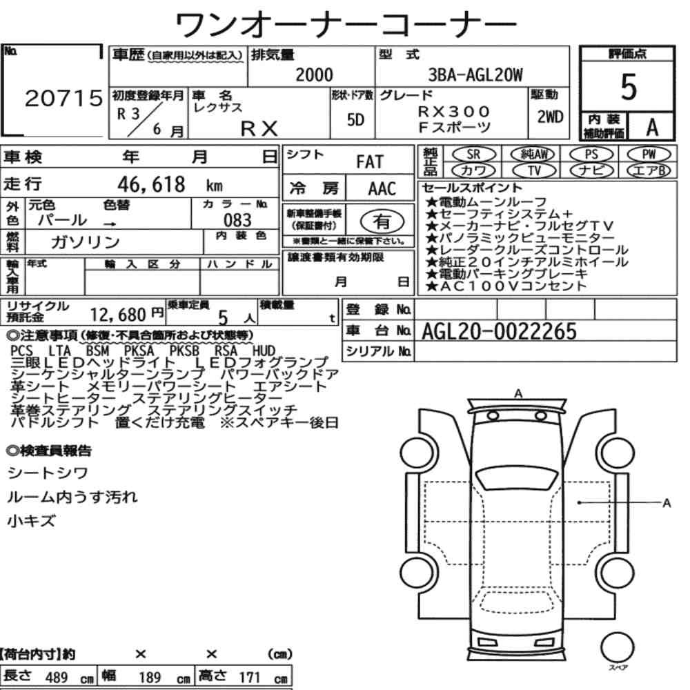 Arkusz aukcyjny — 2021 Lexus RX RX300 F Sport
