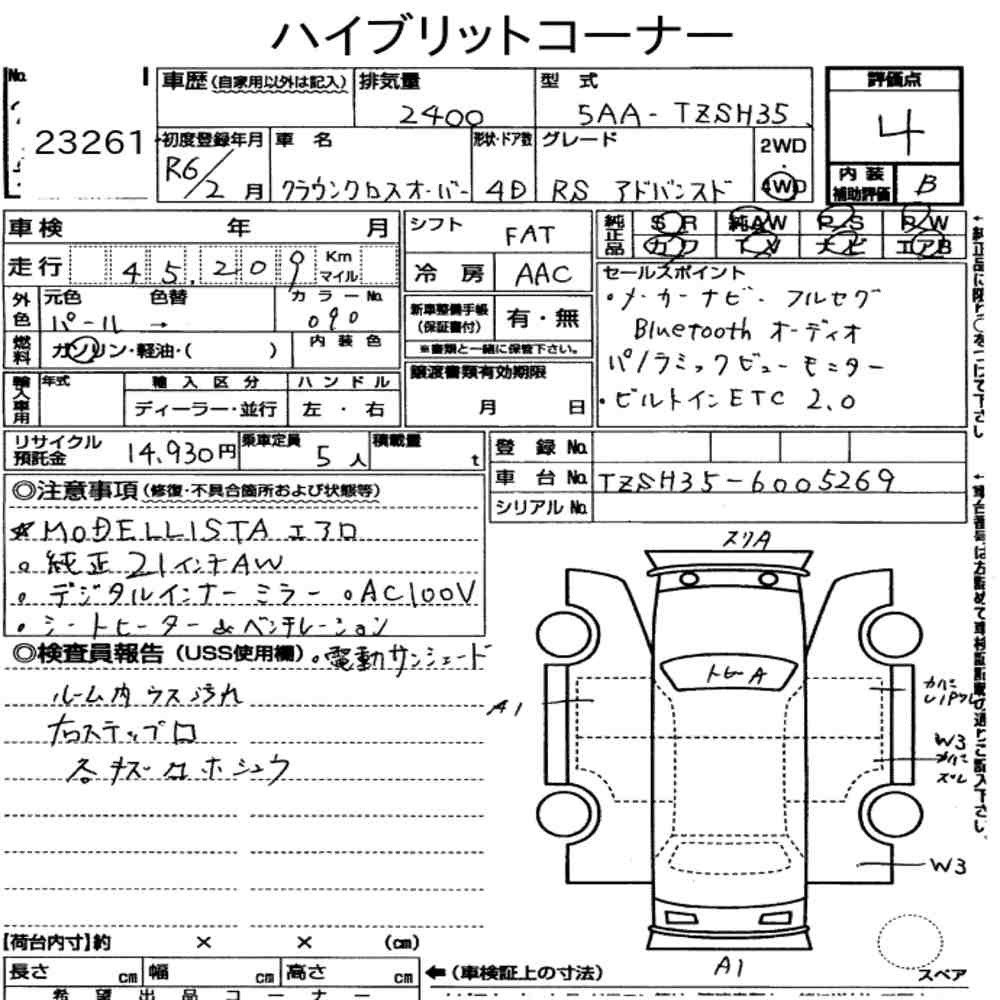 Arkusz aukcyjny — 2024 Toyota Crown Crossover 4WD RS Advanced