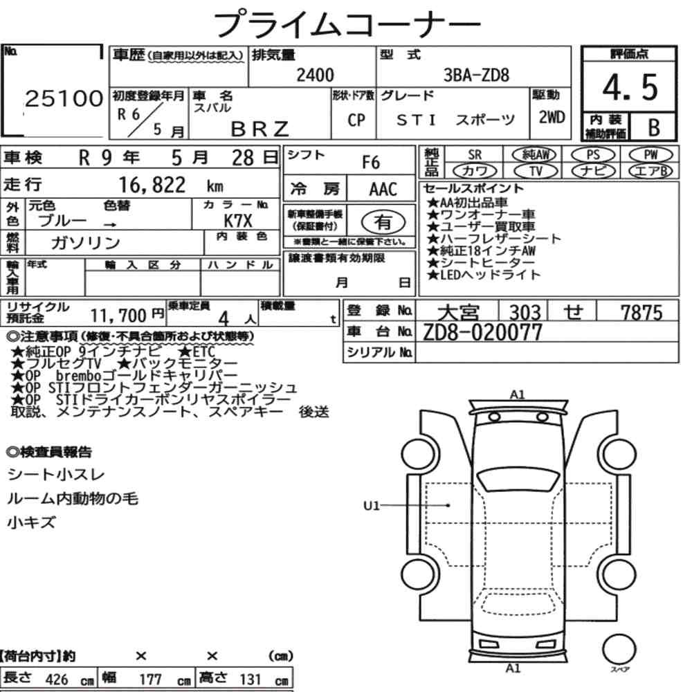 Arkusz aukcyjny — 2024 Subaru BRZ Sti Sport