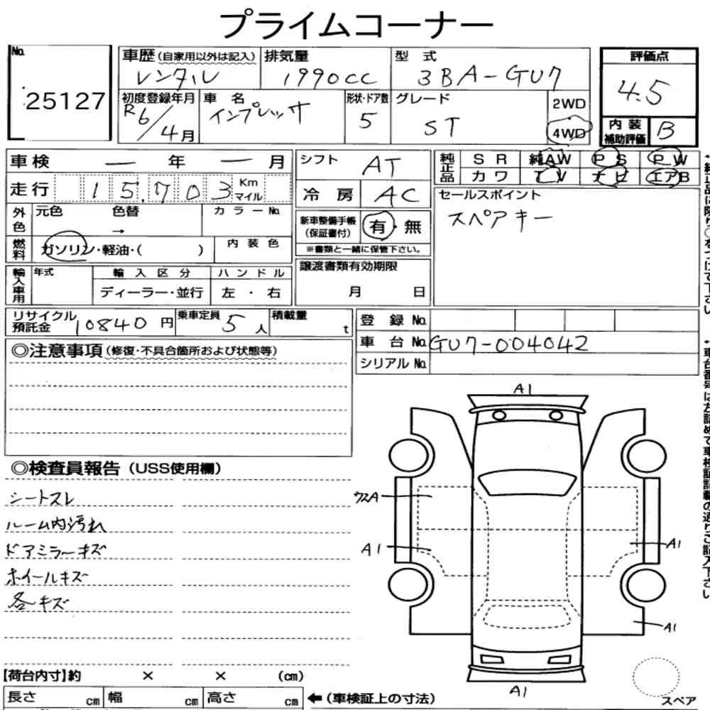 Arkusz aukcyjny — 2024 Subaru Impreza 5D 4WD ST