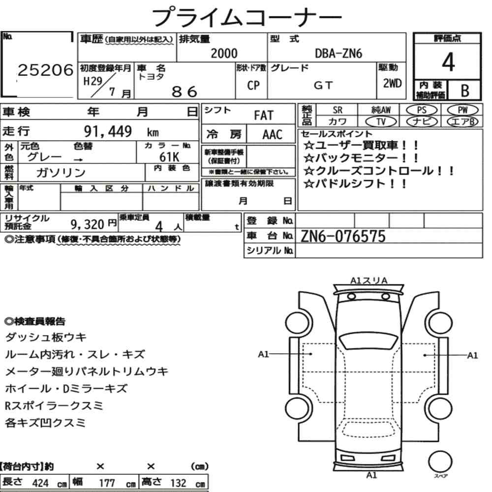 Arkusz aukcyjny — 2017 Toyota 86 GT