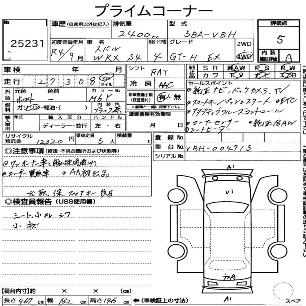 Arkusz aukcyjny — 2022 Subaru WRX S4 4WD GT-H Ex