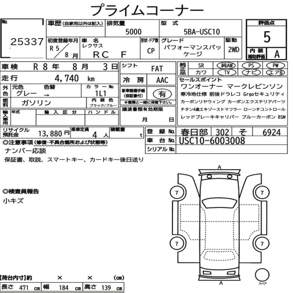 Arkusz aukcyjny — 2023 Lexus RC F Performance Package
