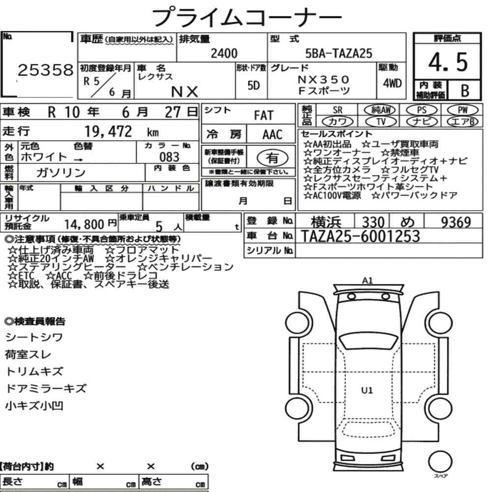 Arkusz aukcyjny — 2023 Lexus NX 4WD NX350 F Sport