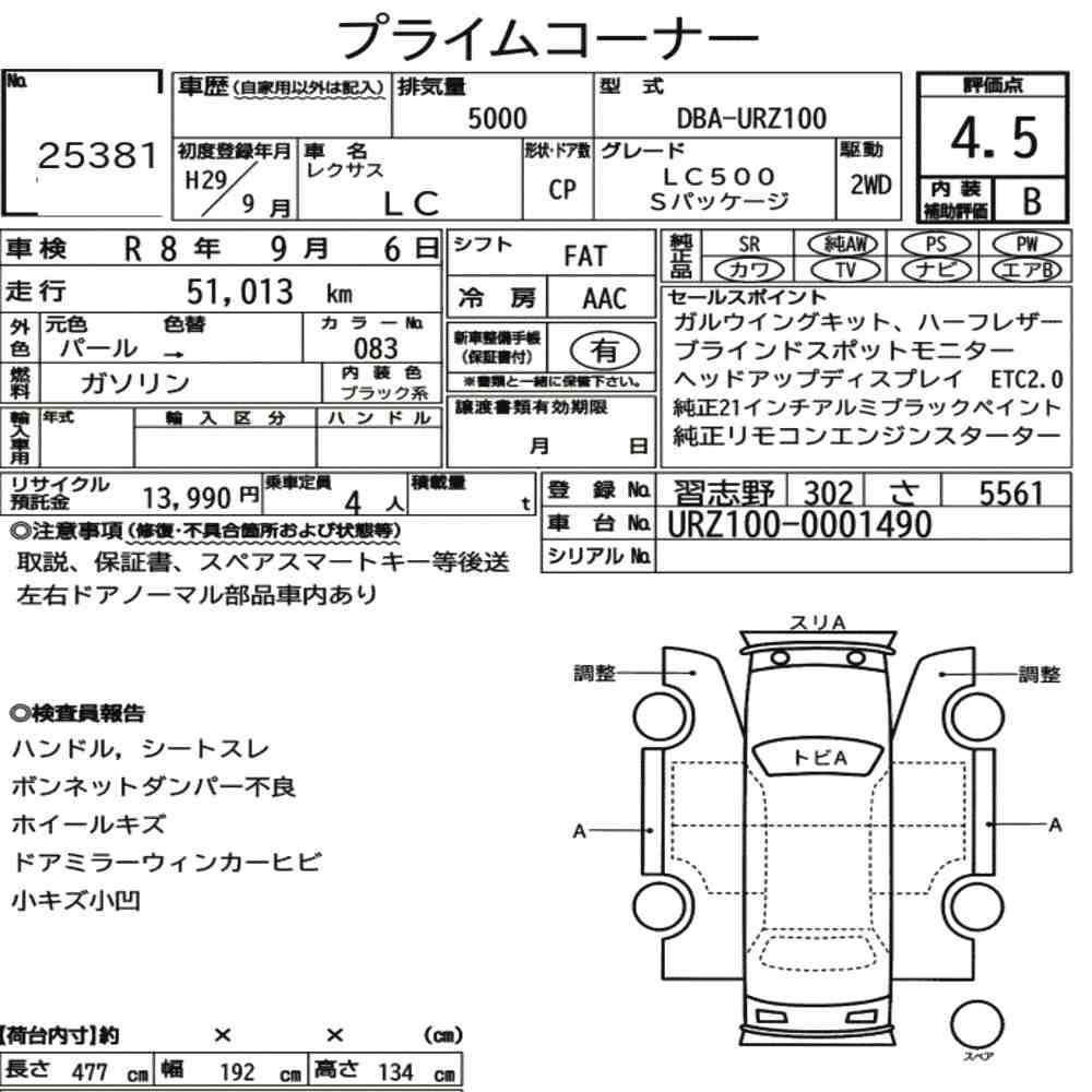 Arkusz aukcyjny — 2017 Lexus LC CP LC500 S Package