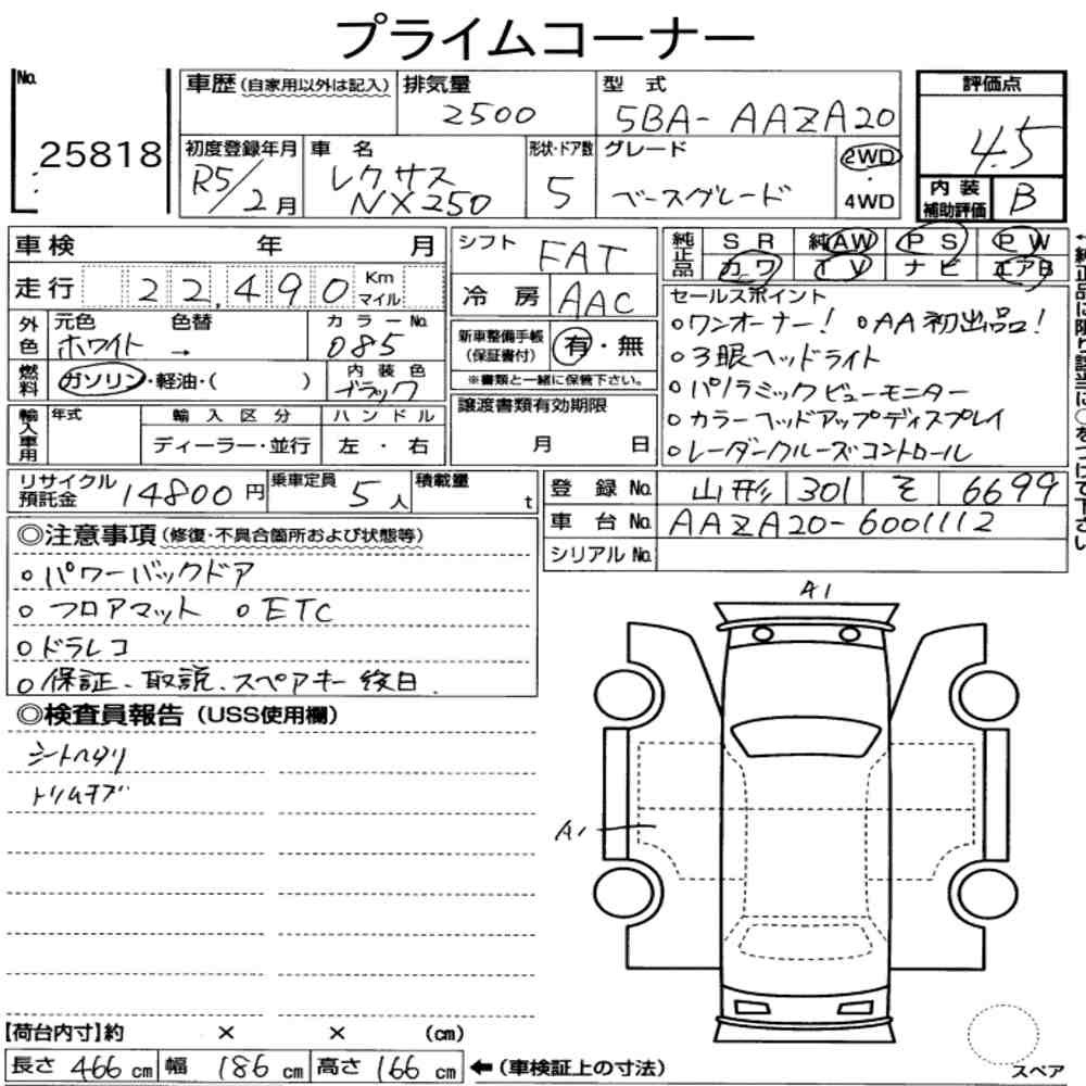 Arkusz aukcyjny — 2023 Lexus NX NX250