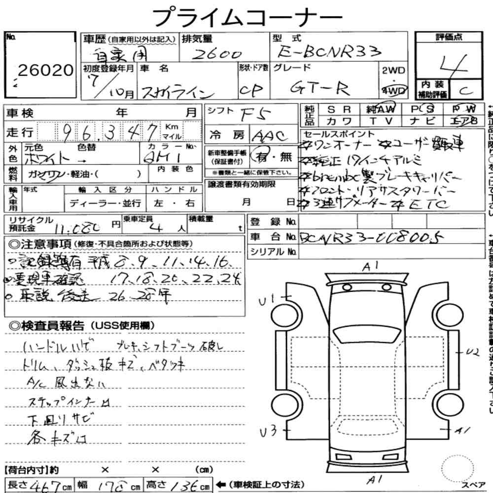 Arkusz aukcyjny — 1995 Nissan Skyline CP 4WD GT-R