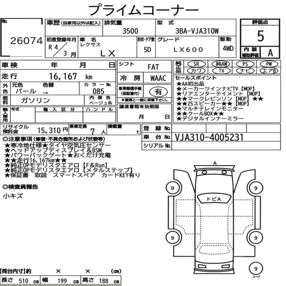 Arkusz aukcyjny — 2022 Lexus LX 4WD LX600