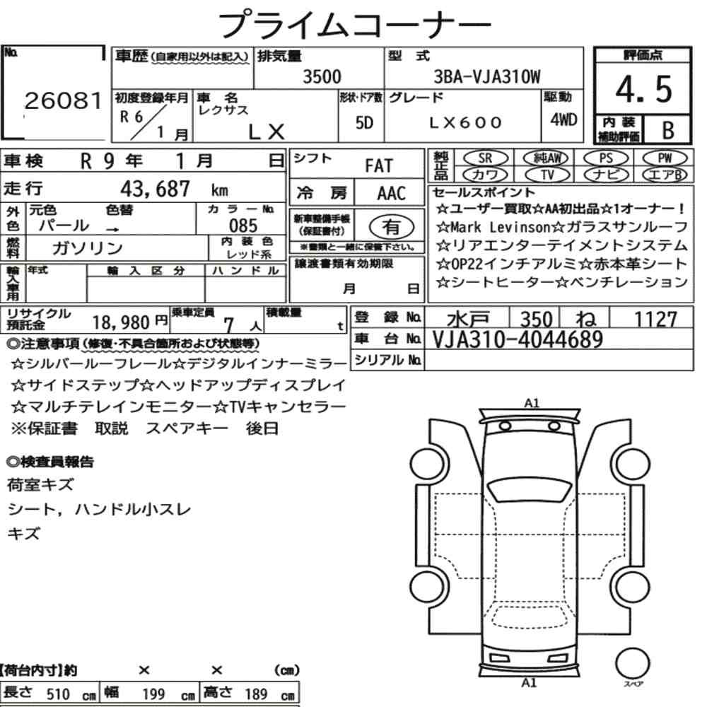Arkusz aukcyjny — 2024 Lexus LX 4WD LX600