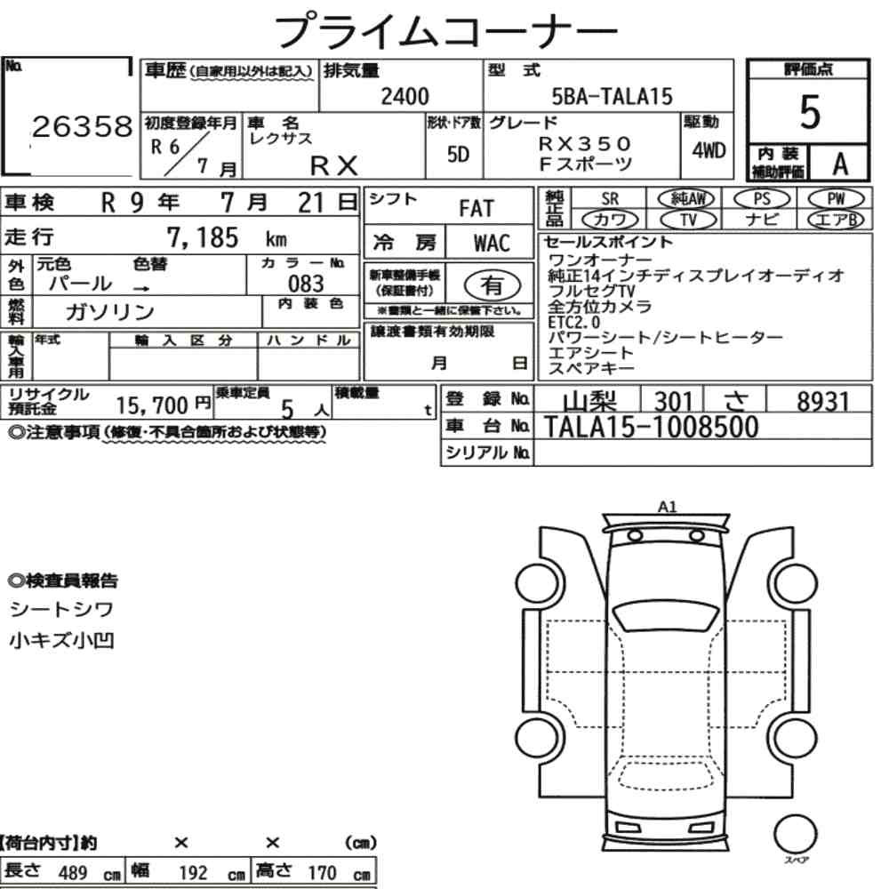 Arkusz aukcyjny — 2024 Lexus RX 4WD F Sport