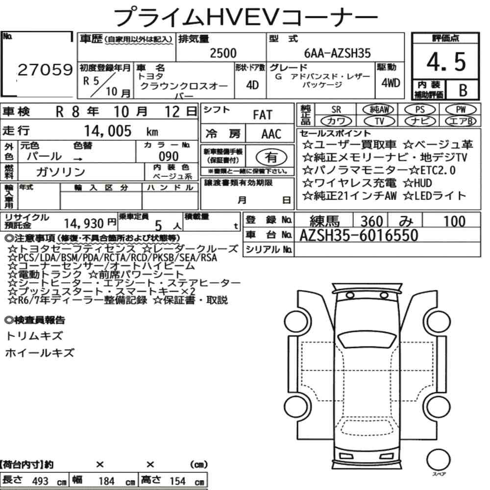 Arkusz aukcyjny — 2023 Toyota Crown Crossover 4WD G Advanced･leather Package