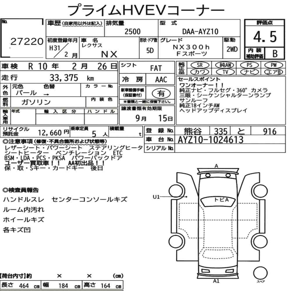 Arkusz aukcyjny — 2019 Lexus NX NX300H F Sport