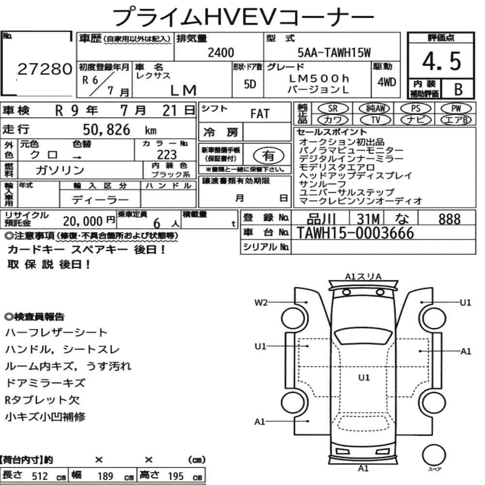 Arkusz aukcyjny — 2024 Lexus LM 4WD LM500H Version L