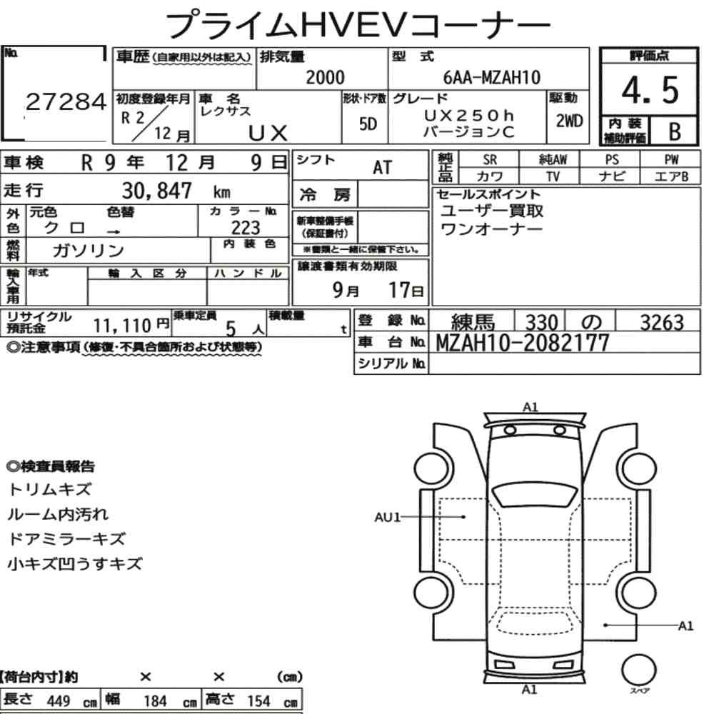 Arkusz aukcyjny — 2020 Lexus Ux UX250H Version C