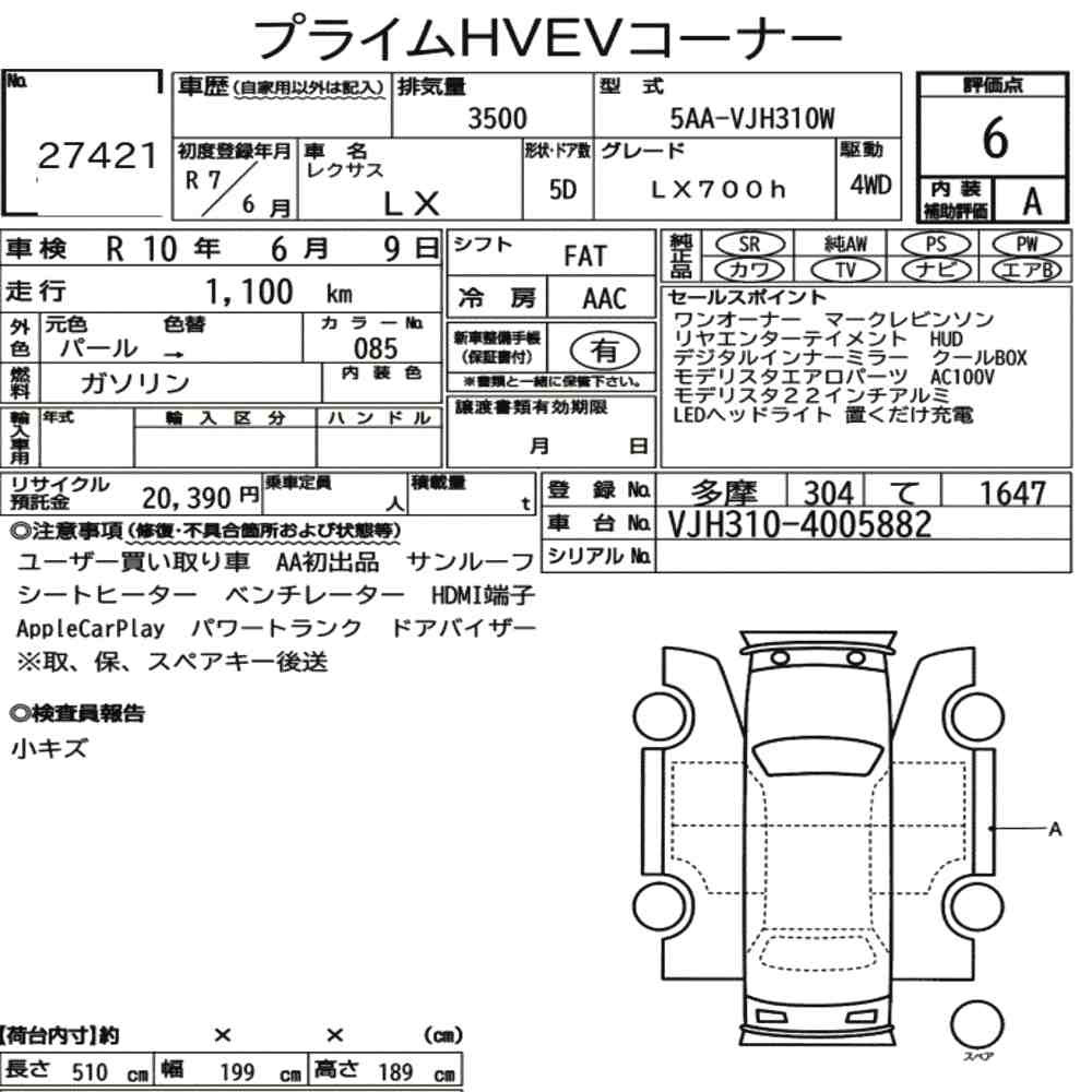 Arkusz aukcyjny — 2025 Lexus LX 4WD LX700H