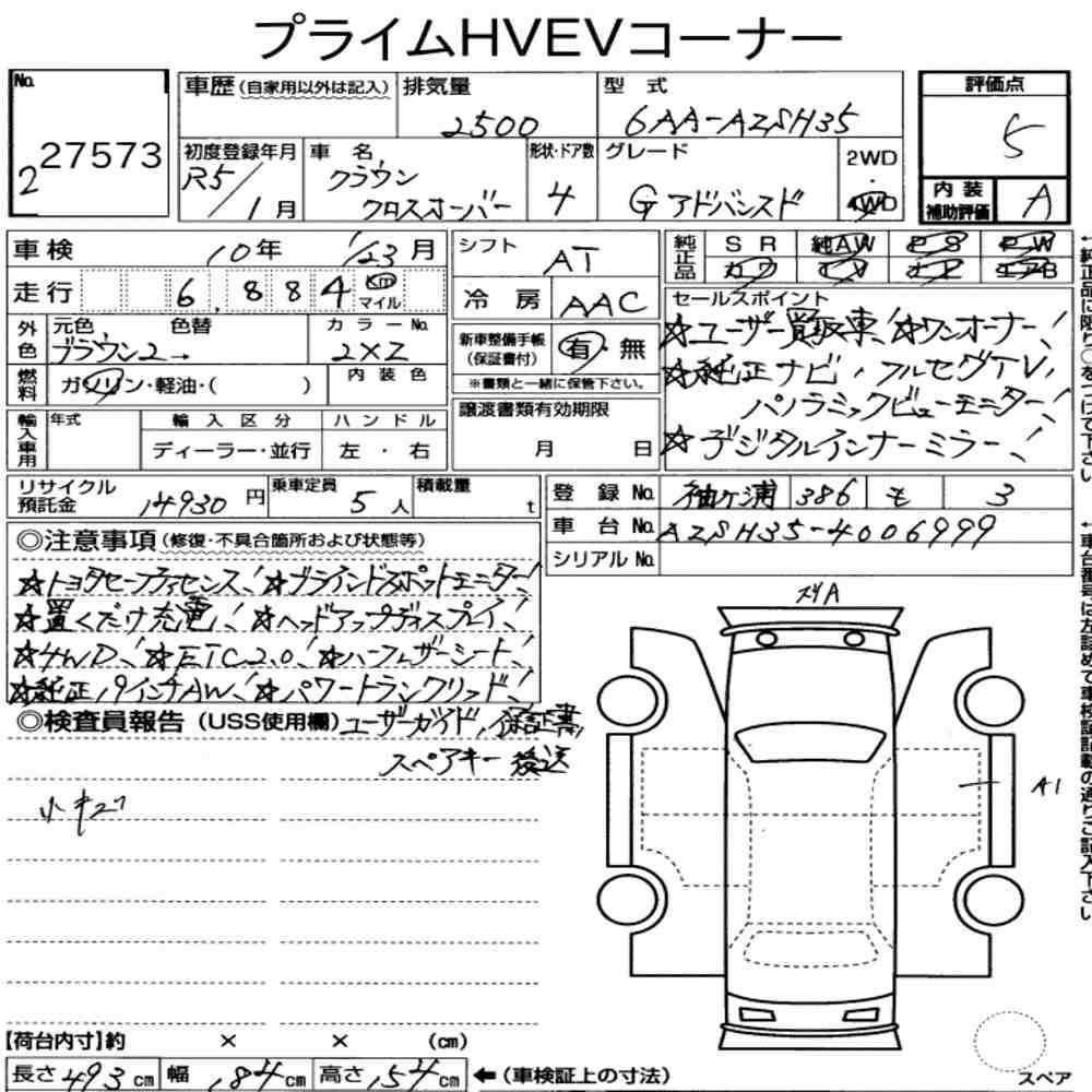Arkusz aukcyjny — 2023 Toyota Crown Crossover 4WD G Advanced