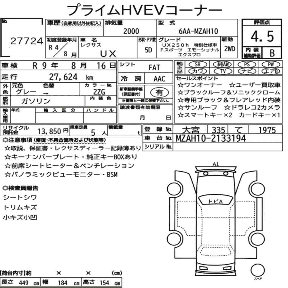 Arkusz aukcyjny — 2022 Lexus Ux UX250H F Sport Emotional Explorer