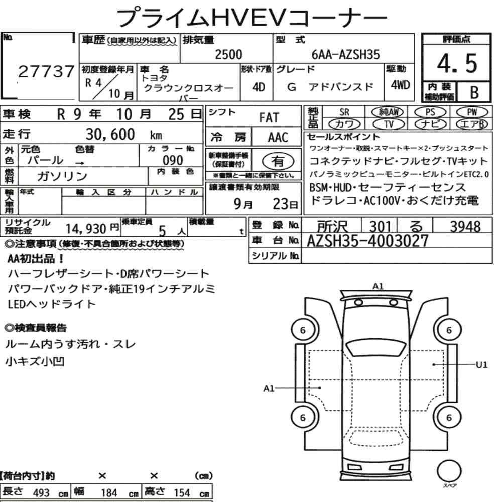 Arkusz aukcyjny — 2022 Toyota Crown Crossover 4WD G Advanced