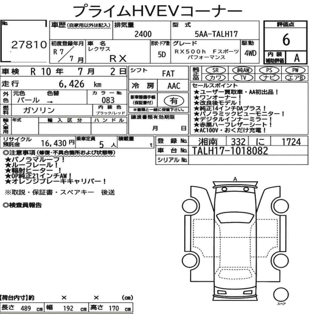 Arkusz aukcyjny — 2025 Lexus RX 4WD RX500H F Sport Performance