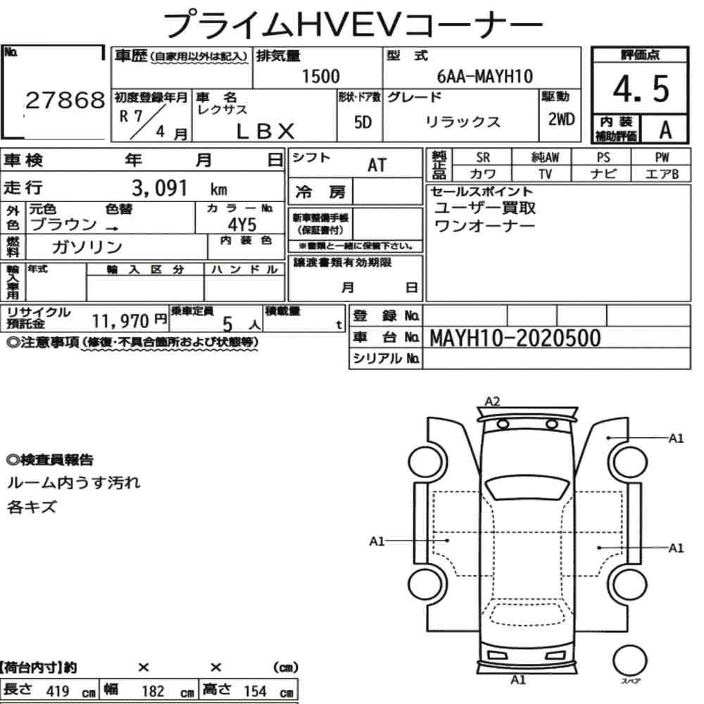 Arkusz aukcyjny — 2025 Lexus LBX Relax