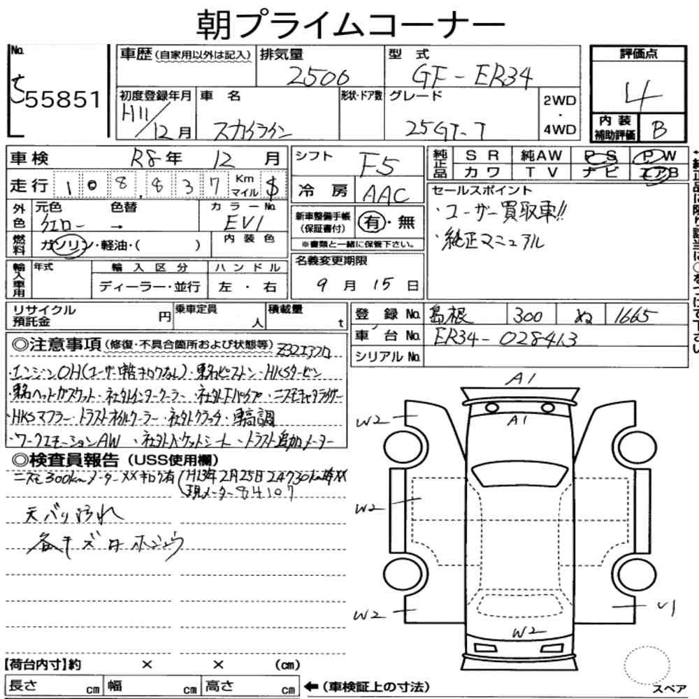 Arkusz aukcyjny — 1999 Nissan Skyline CP 25GT Turbo