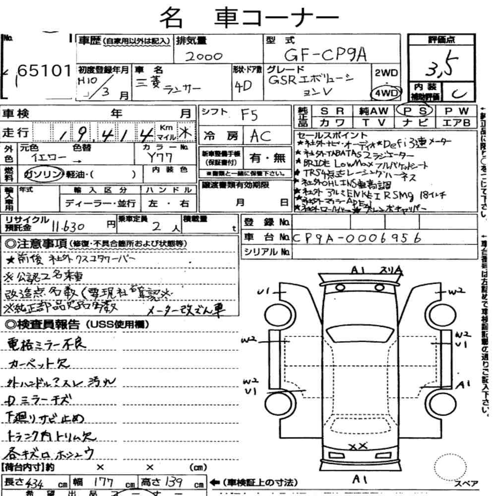 Arkusz aukcyjny — 1998 Mitsubishi Lancer 4D 4WD GSR Evolution Ⅴ