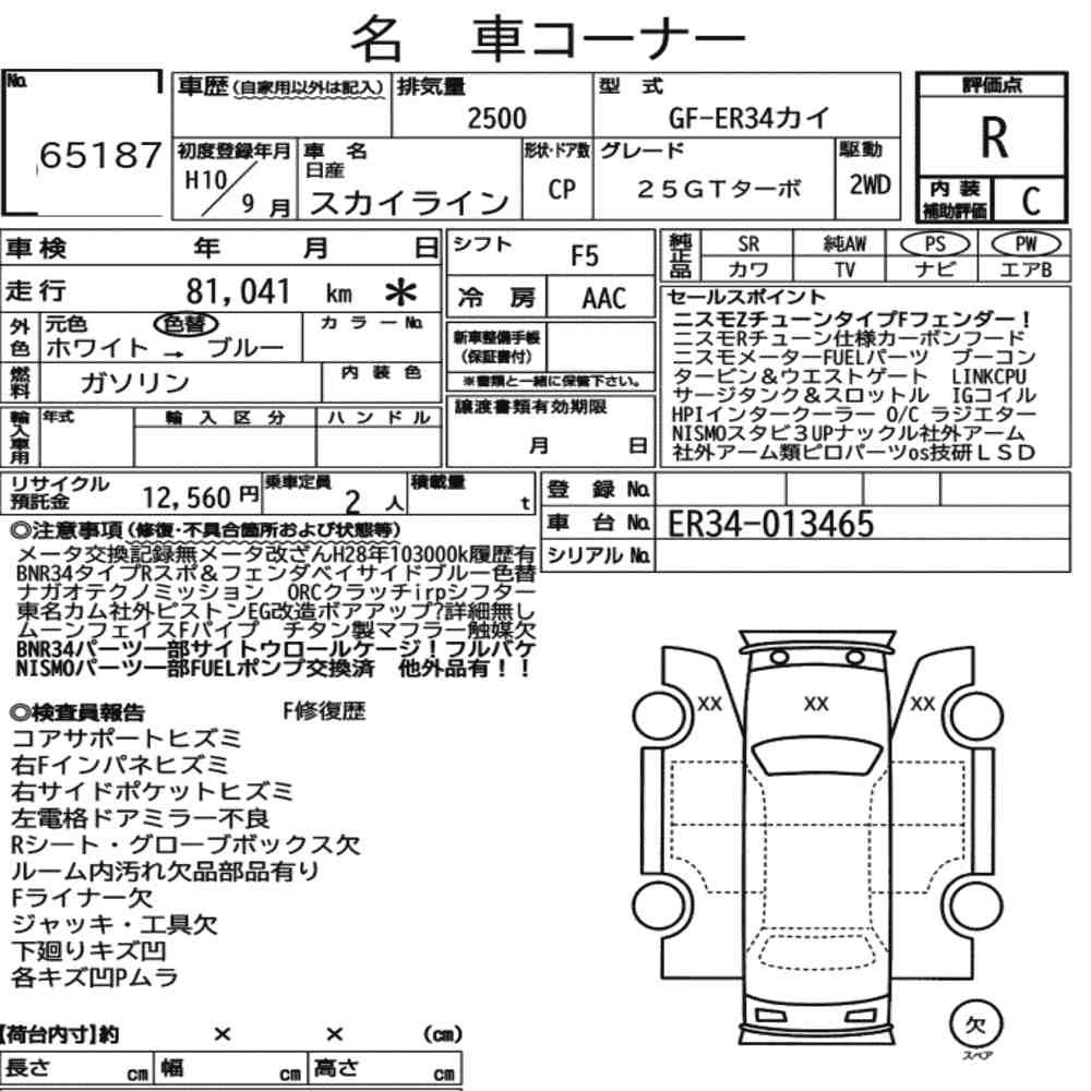 Arkusz aukcyjny — 1998 Nissan Skyline CP 25GT Turbo