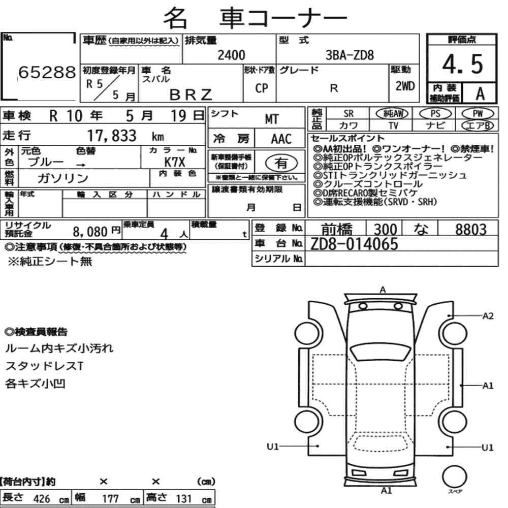 Arkusz aukcyjny — 2023 Subaru BRZ R