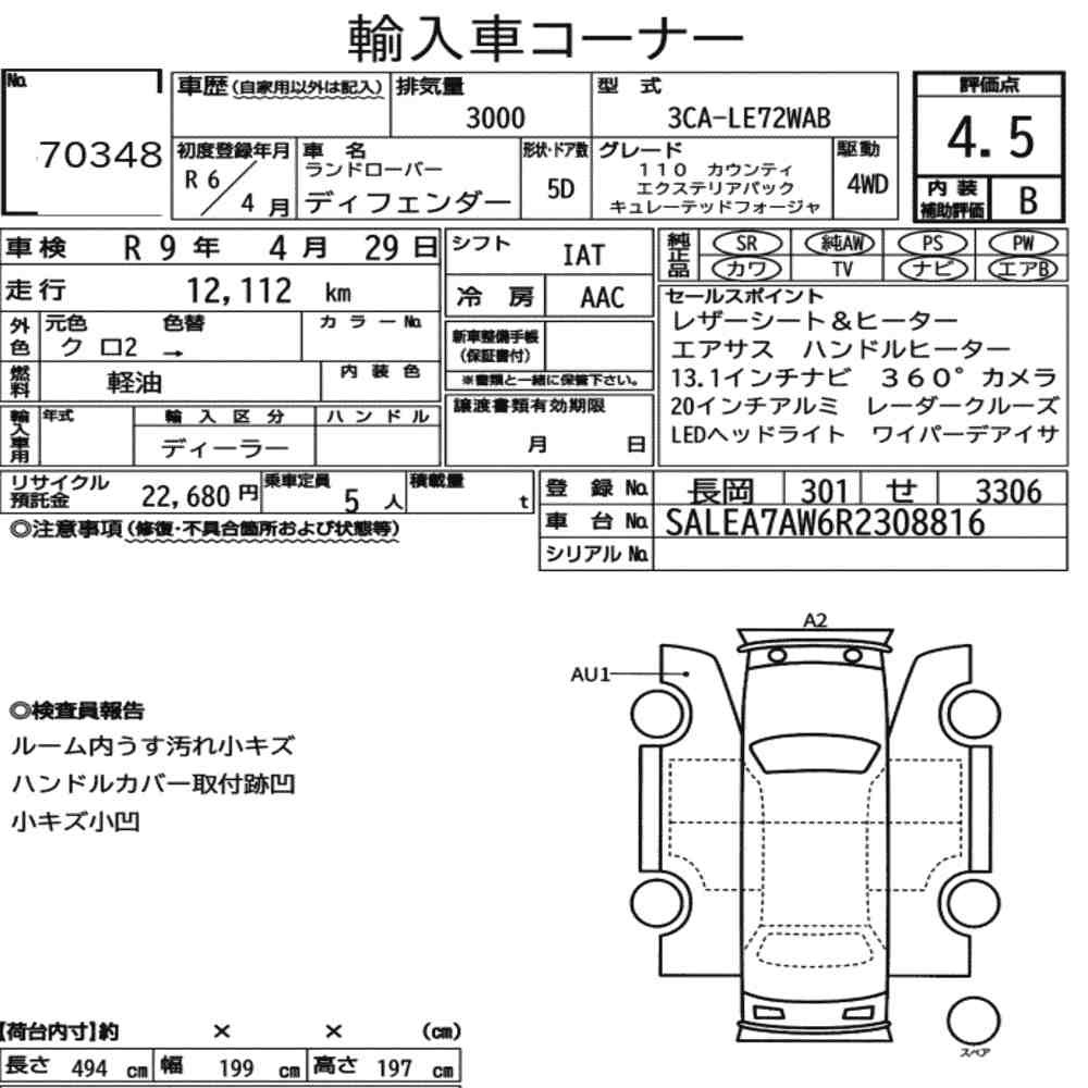 Arkusz aukcyjny — 2024 Land Rover Defender 5D 4WD 110 County Exterior Pack Curated For Jap