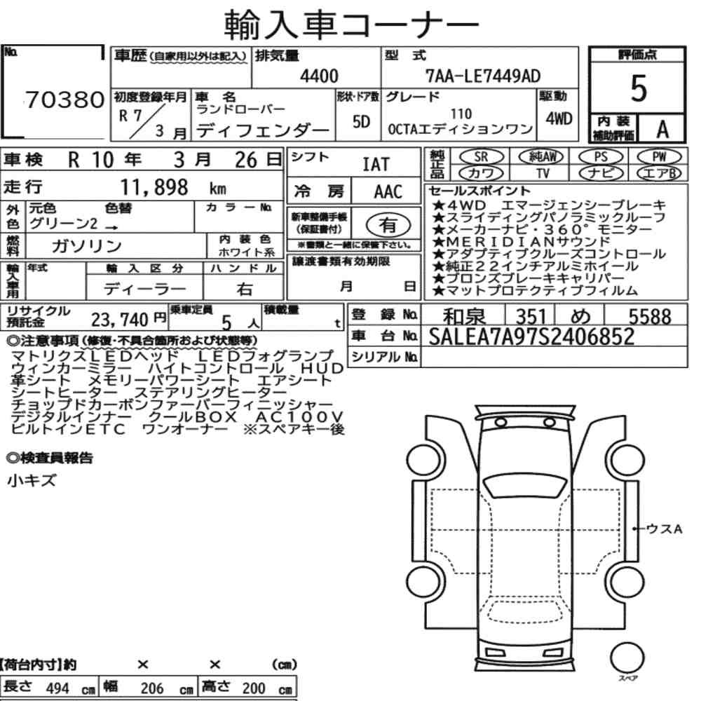 Arkusz aukcyjny — 2025 Land Rover Defender 5D 4WD