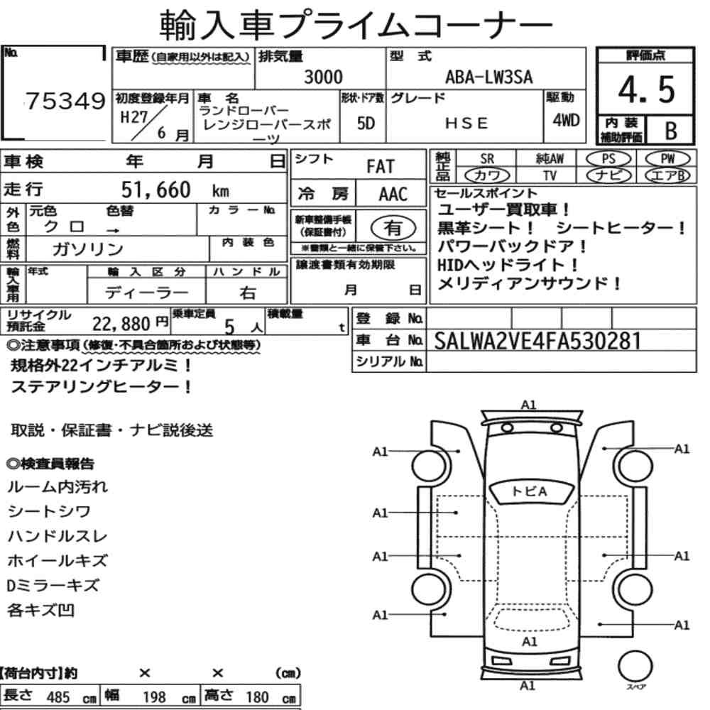 Arkusz aukcyjny — 2015 Land Rover Range Rover Sport 4WD Hse