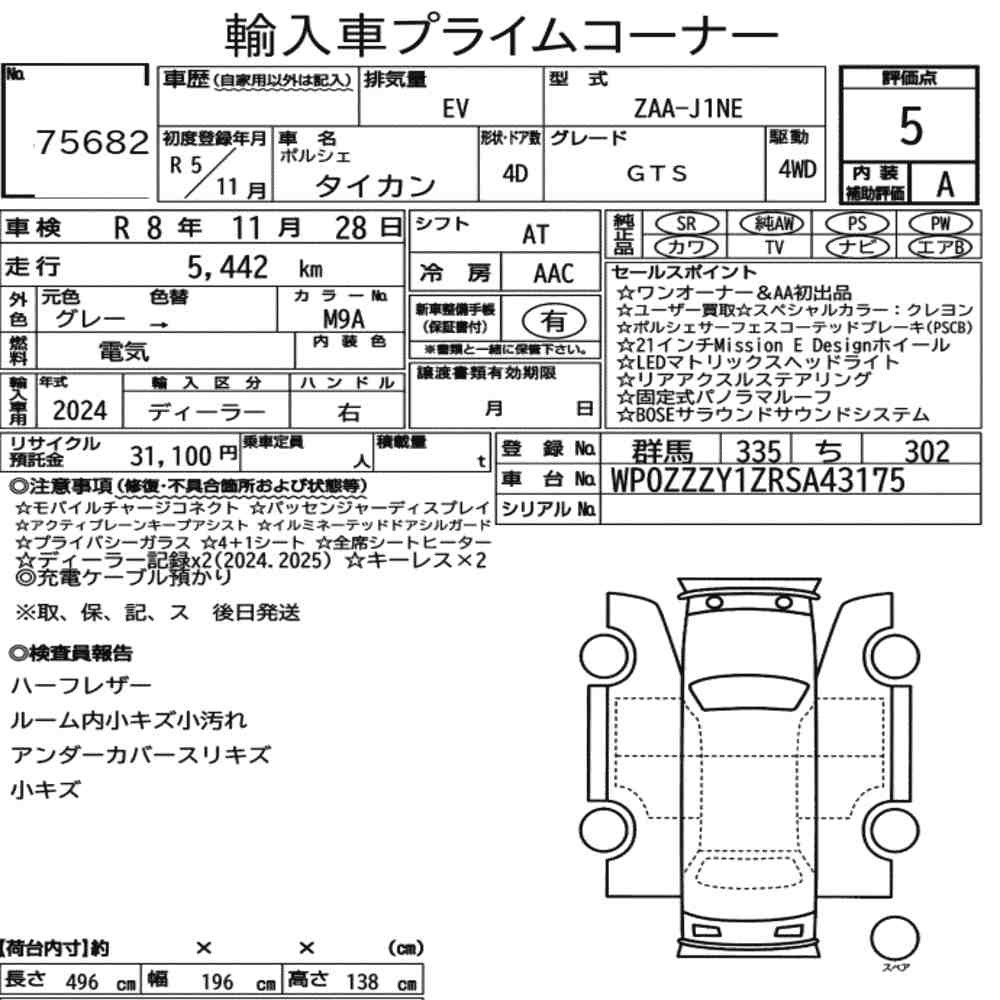 Arkusz aukcyjny — 2023 Porsche Taycan 4D 4WD GTS