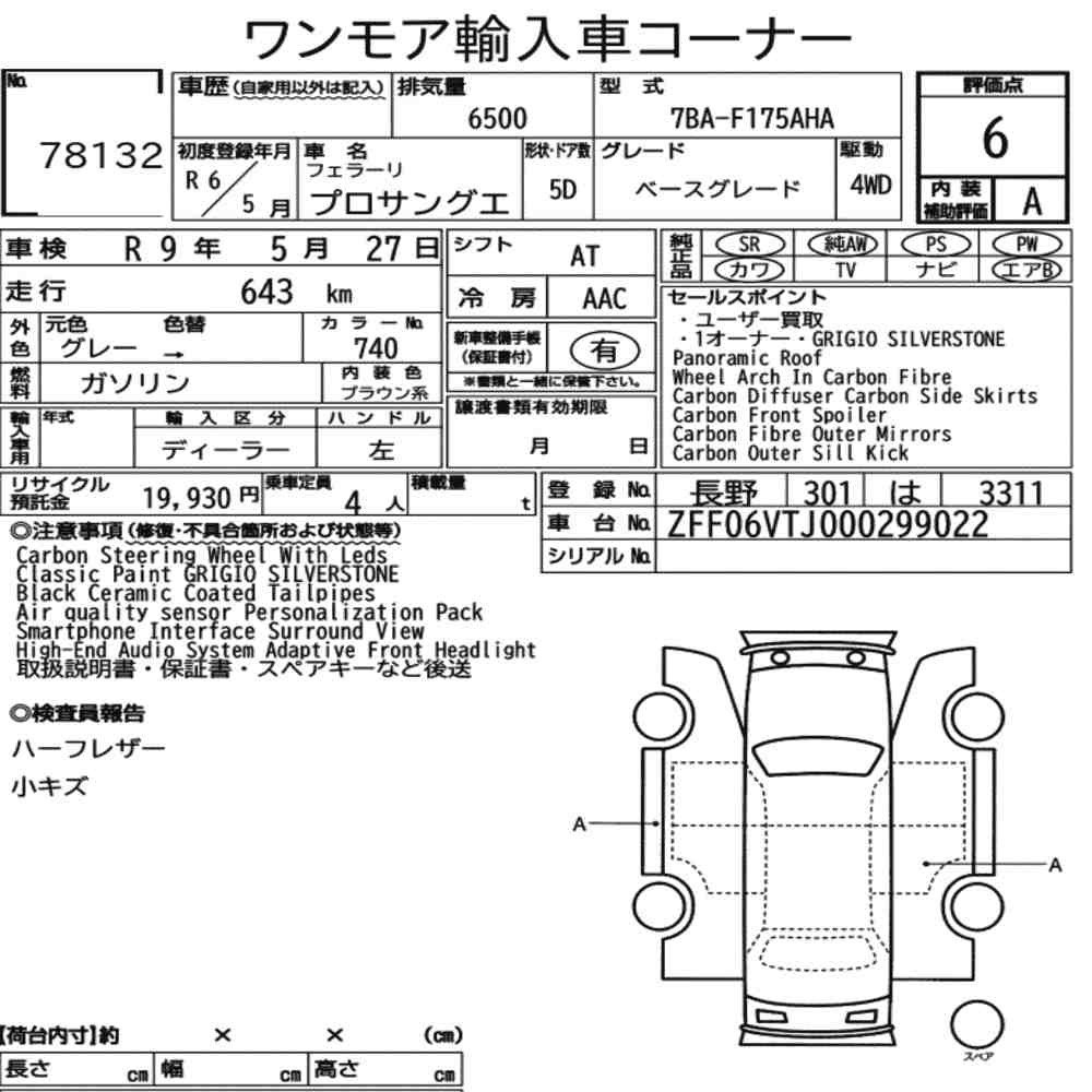 Arkusz aukcyjny — 2024 Ferrari Purosangue 4WD Base Grade