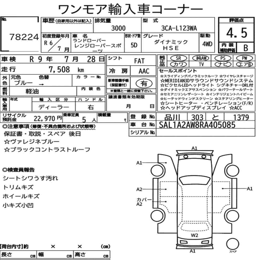 Arkusz aukcyjny — 2024 Land Rover Range Rover Sport 4WD Dynamic Hse